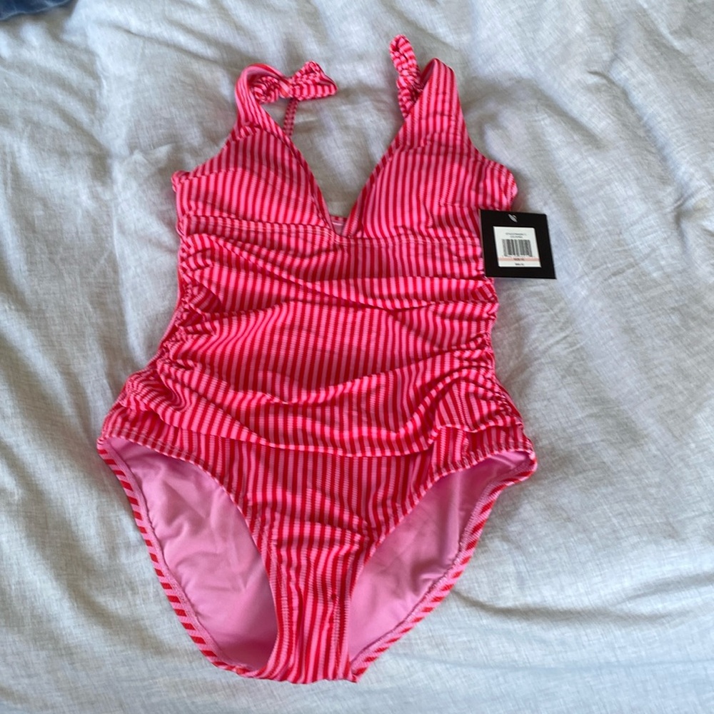 NWT red and pink striped one piece swimsuit
